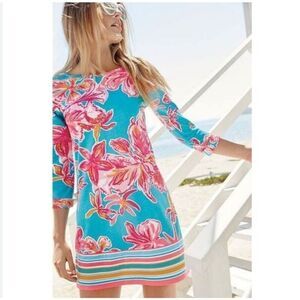 Lilly Pulitzer Dress XS Linden Sea Blue Via Sunny Floral 3/4 Sleeve